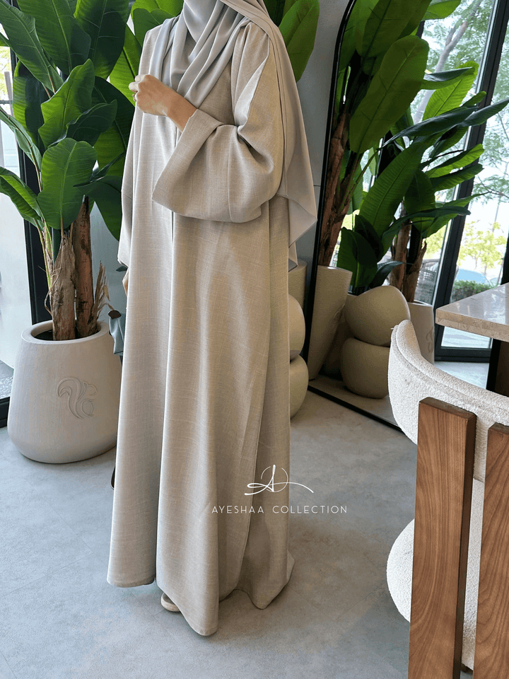abaya grise, abaya Dubai, abaya petite taille, abaya grande taille, abaya lin, abaya beige, mastour, Summer abaya, modeste outfit