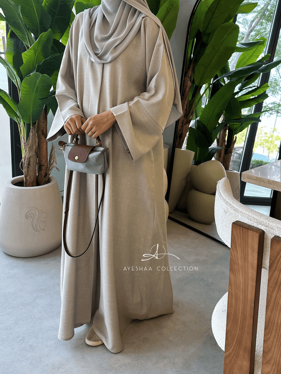 abaya grise, abaya Dubai, abaya petite taille, abaya grande taille, abaya lin, abaya beige, mastour, Summer abaya, modeste outfit