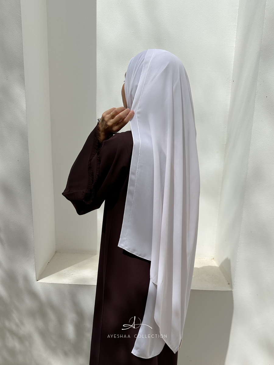 Hijab blanc, khimar blanc, pae blanc, hijab prêt a enfiler blanc, mastour, hijab line, hijab mousseline blanc, hijab soie de medine blanc, hijab jazz, sedef