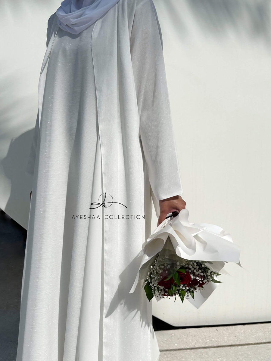 abaya blanche, abaya mariage, abaya eid, abaya prestige, ensemble blanc, ensemble mariage, hijab blanc, mastour, femme musulmane